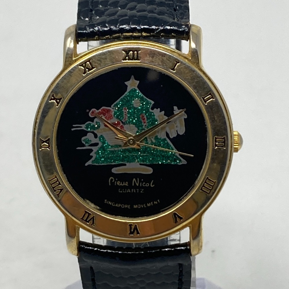 Vintage Pierre Nicol Watch Women 32mm Christmas Tree Gold Tone New Battery 8.5"